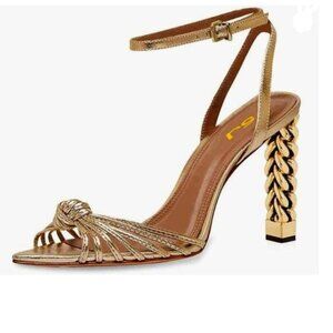 FSJ Gold Ankle Strap High Gold Block Heels Slingback Open Toe Party Prom Sandal